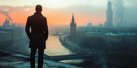 Fototapeta premium Reflective contemplation of a man overlooking moscow river at dawn urban landscape dramatic atmosphere
