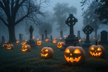 Mysterious Gloomy Pumpkin Lanterns in a Fog-Covered Cemetery at Night
