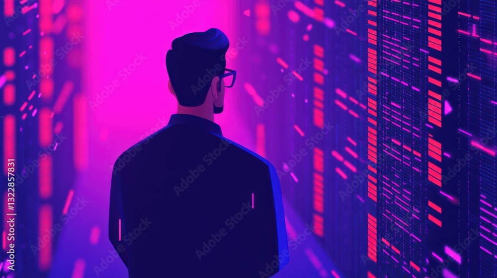 Poster data engineer concept. silhouetted data engineer in futuristic matrix
