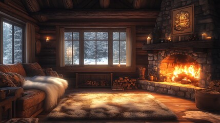 Cozy cabin living room with warm fireplace high resolution photo