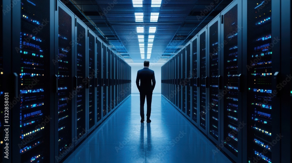 Poster data engineer concept. solitary figure navigating expansive data center