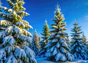 Architectural lens captures a snowy winter scene: majestic fir trees silhouetted against a clear blue sky.