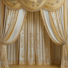 Elegant theater curtains adorned with subtle floral embroidery creating a sophisticated and enchanting stage ambiance