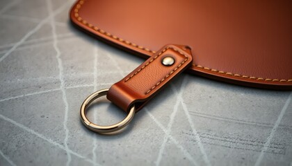 Leather Keyring and Brown Wallet on Gray Textured Surface Closeup