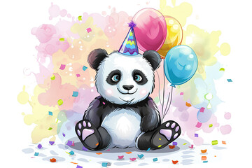 happily panda with colorful balloons and confetti