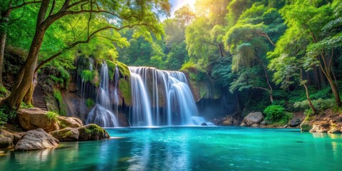 Waterfall amidst lush green forest with turquoise water cascading over rocks and surrounded by tall trees with leaves in shades of green and blue, cascade, outdoor