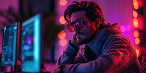 Focused gamer in neon environment home office digital art modern interior close-up gaming culture