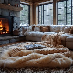 Elegant lodge-style living space with candles high resolution photo