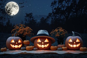 Halloween Background with Parchment, Hat, and Pumpkins Under Moonlight