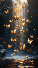 Enchanting nature scene with golden butterflies high resolution photo