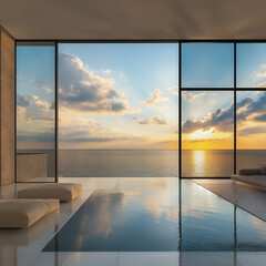 Fototapeta premium A large wall mirror reflecting a calm ocean view enhances serene spaces with timeless elegance