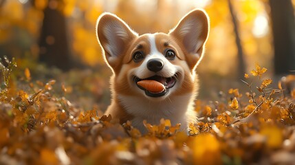 Fluffy corgi holding a big orange carrot high resolution photo