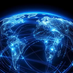 Digital blue globe with binary code illustrates global internet connection
