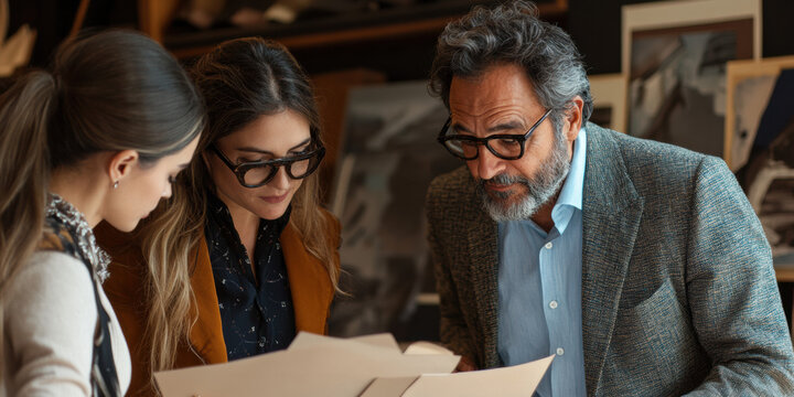 Professional team collaboration creative studio image review indoor setting close-up perspective business strategy