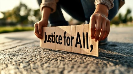 A person holds a sign with justice for all written