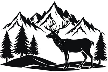 Silhouette of Deer mountains black and white vector