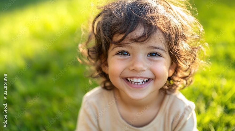 Poster smiling child enjoying a sunny day at the park with green grass background