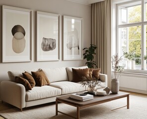 Minimalist living room with beige sofa, abstract art, and natural elements.