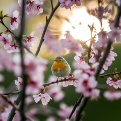 Bird Perched Among Pink Blossoms in Golden Light