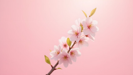 Obraz premium A branch of apple blossoms with delicate white and pink flowers against a soft pink background. The scene evokes spring and the delicate beauty of nature.