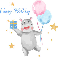 Cute Birthday Hippopotamus with Gift and balloons. Watercolor vector perfect for nursery, Birthday party, Print for invitation card, Poster Template