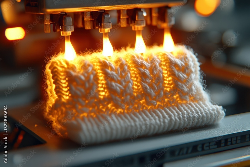 Poster close-up of knitting machine process with flames highlighting yarn and textile creation