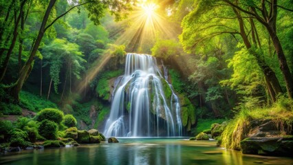 Naklejka premium waterfall cascading through lush green forest scenery with sunlight filtering through trees, calm atmosphere, peaceful environment