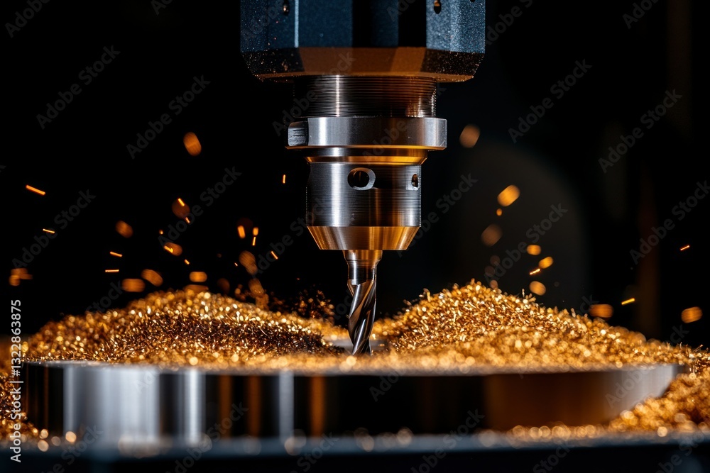 Poster precision metal cutting process with sparks and shavings from cnc machine tool in workshop