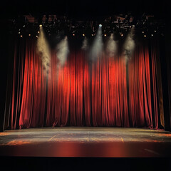 Spectacular Broadway stage set featuring heavy velvet curtains for a rich, opulent theatrical production backdrop