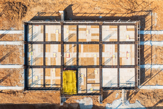 Aerial Construction Site Rebar Grid Concrete Foundation Structur