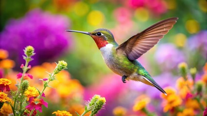 Beautiful hummingbird in mid-flight among vibrant flowers, garden, bird,  garden, bird,flowers, sunlight, wings, hummingbirds