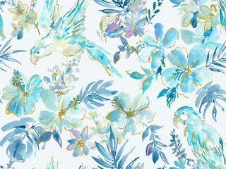 Seamless pattern of hand-painted watercolor hibiscus flowers, monstera, parrots and tropical foliage with gold line art. Hand-drawn tropical plants and birds wallpaper. Summer botanical textile. © Sawango