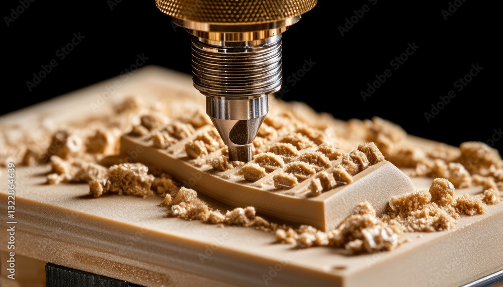 Poster precision machining process with cnc milling tool engaging in wood material creation