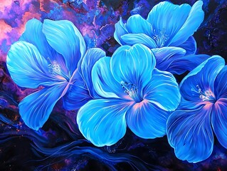 Electric blue petals and a natural landscape in vibrant painting