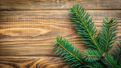 A spruce branch with dark green needles is placed against a wooden background with a natural wood grain texture, wooden background, forest