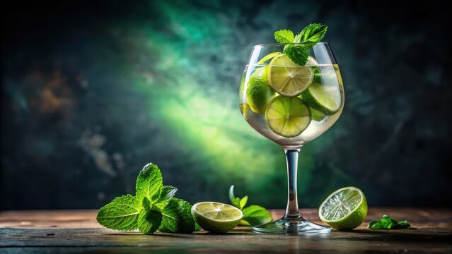 Aperitif mit Limetten und Minze in einem Weinglas, beleuchtet von hinten, um die Farben der Zutaten zu betonen , aperitif