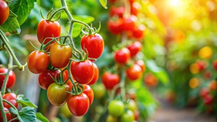 Obraz premium Vibrant red cherry tomatoes ripening on a vine, vegetables, garden, vegetables, garden, ripe
