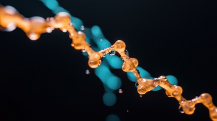Fototapeta premium Abstract Liquid Chain Golden Droplets Teal Background Macro Photography