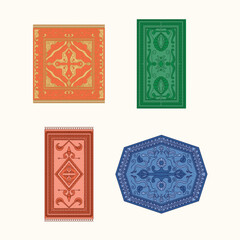 Obraz premium A collection of 4 intricate Middle Eastern carpet and rug pattern icons.