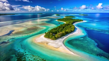 Obraz premium Aerial view of two tropical islands connected by a sandbar , ocean view