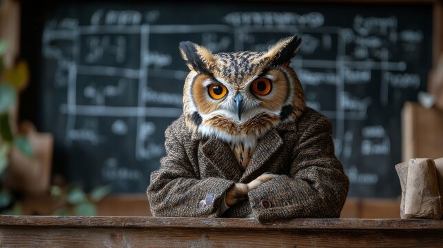 An owl wearing a brown coat sits at a desk in a classroom filled with wooden furniture. A chalkboard with notes is in the background, creating an academic atmosphere.
