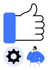 Large thumbs-up symbol, gear icon, and person thinking to represent approval, innovation, and decision-making. Ideal for concepts thumbs up teamwork, problem-solving, business strategy, creativity