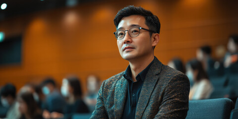 Fototapeta premium Engaging business conference attendee modern auditorium professional portrait indoor setting side view networking opportunities