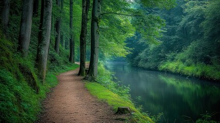 Obraz premium Enchanting forest trail alongside a serene river under lush green canopy