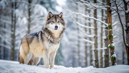 Naklejka premium A majestic timber wolf stands alone in the snow-covered forest, its fur a thick coat of white and gray, blending seamlessly into the winter landscape , forestlife, forest