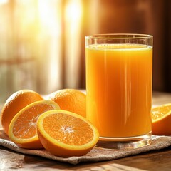 Refreshing Orange Juice in Glass with Fresh Oranges on Table