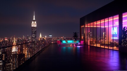 Fototapeta premium Luxury Rooftop Lounge Night Cityscape View Neon Lights Modern Design
