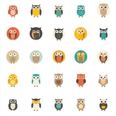 Colorful Cartoon Owls Collection on White Background for Design Use