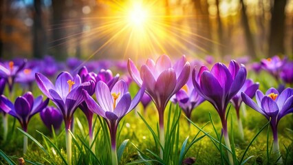 Vibrant purple crocus flowers blooming in a lush green meadow with sunlight filtering through the trees, floral elements, colorful blooms