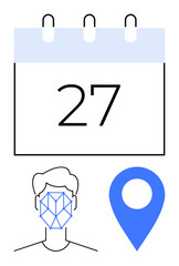 Calendar marking 27, geometric face recognition outline, and location pin icon. Ideal for scheduling, biometrics, travel, planning, technology AI security. Flat simple metaphor